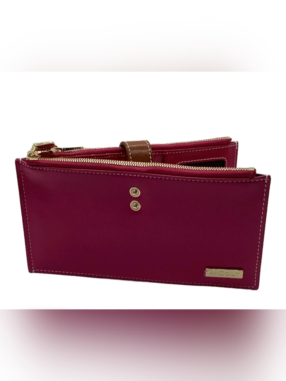 AnDoilt Burgundy Leather Zip Wallet with Brown Accent